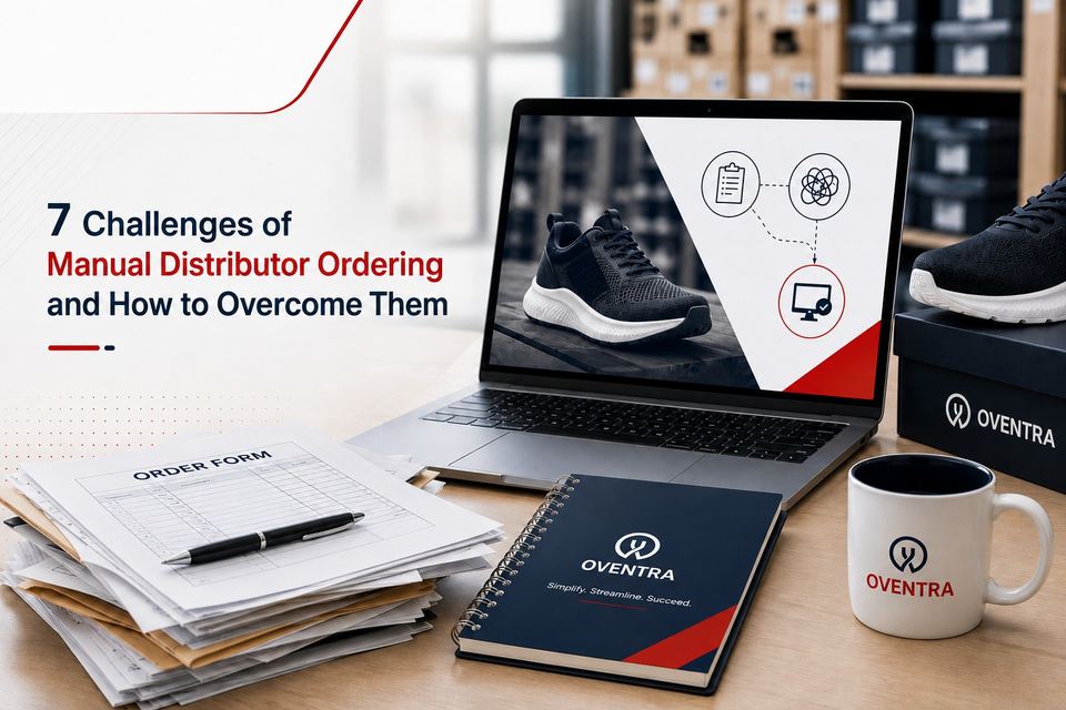 Article graphic titled '7 Challenges of Manual Distributor Ordering and How to Overcome Them', with paper order forms beside a laptop showing digital ordering