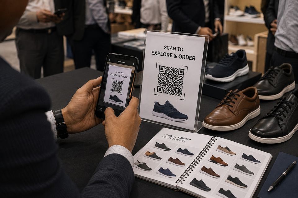Hands holding a phone to scan a 'scan to explore and order' QR code on a footwear display